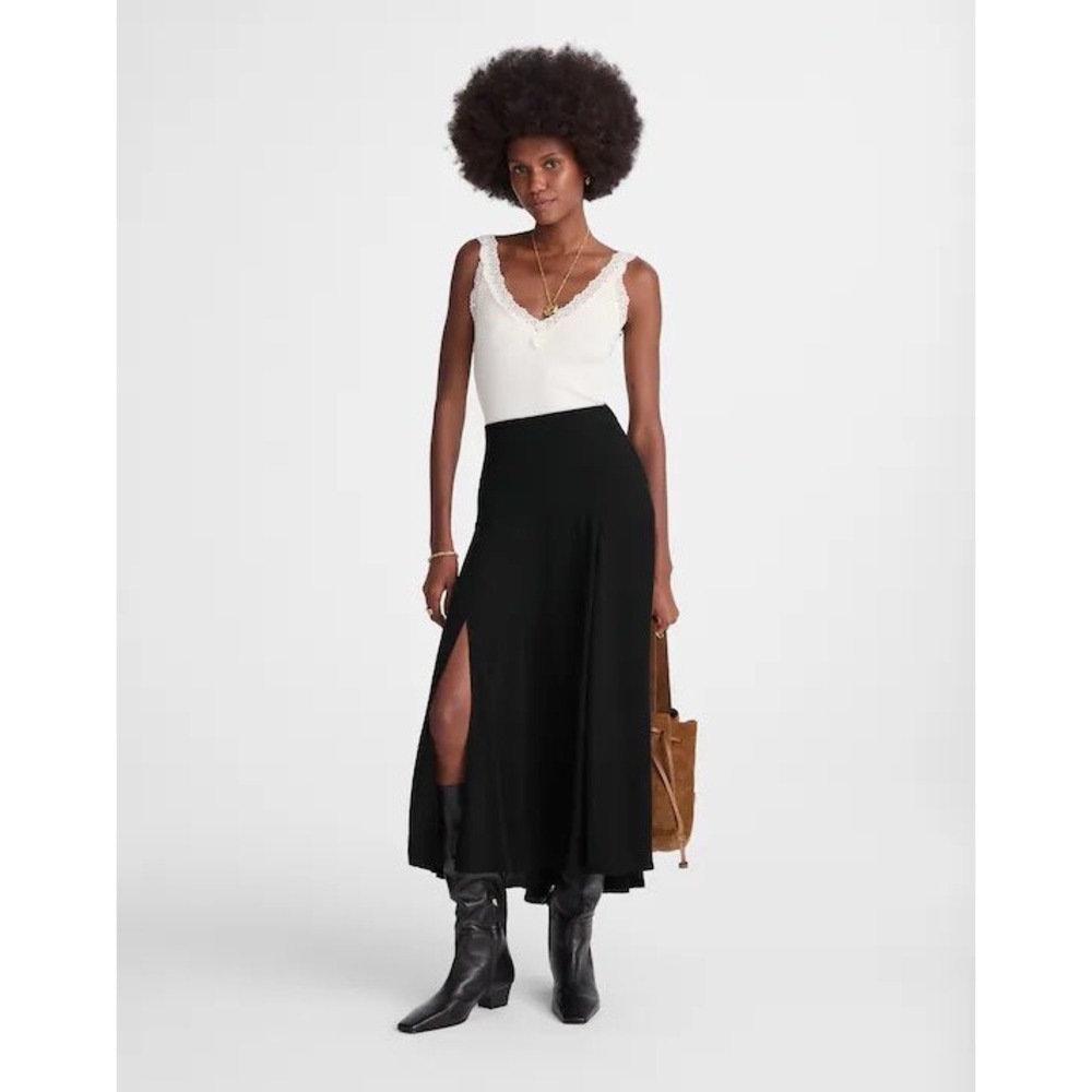 Madewell Jet Black Circle Midi‎ Skirt in Crêpe de Chine NW436 Size 00 NEW